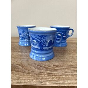 Set of 3 Vintage Currier & Ives Blue Mugs Coffee Cups Homestead Winter Holiday